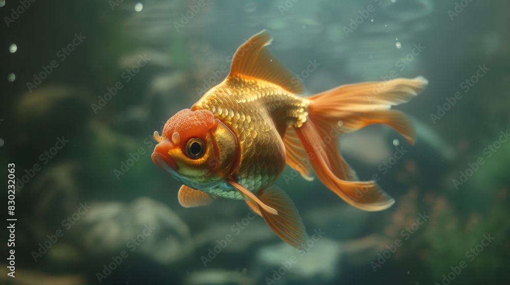 Poster close-up of a majestic goldfish with flowing fins and shimmering scales, gliding elegantly through t