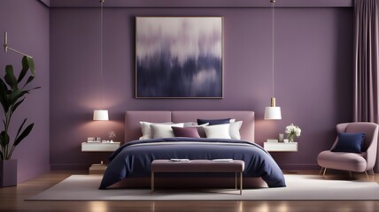 Premium mauve pink, lilac, and blue bedroom in a hotel or home with a big bed, dark navy bedding, empty background for art or wallpaper, painted wall, and decorative mirrors, 3D render

