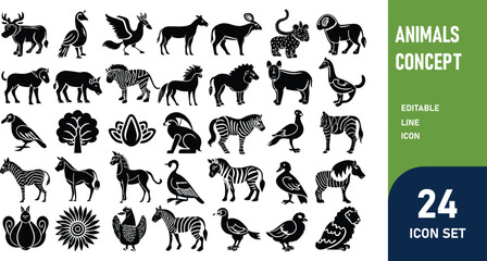 Fototapeta premium Animals related concept such as Dog, cat, horse, pig, sheep, goat, chicken, bird, fish & many more editable stroke outline icons isolated on white background flat vector illustration