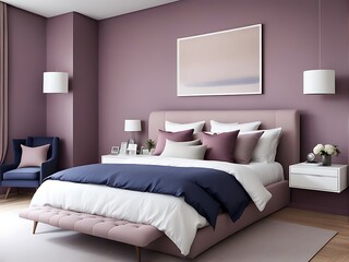 Premium mauve pink, lilac, and blue bedroom in a hotel or home with a big bed, dark navy bedding, empty background for art or wallpaper, painted wall, and decorative mirrors, 3D render

