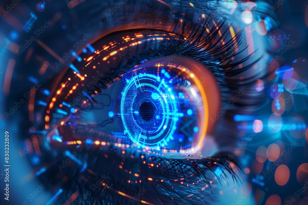 Aufkleber Eye technology, futuristic digital secure access. Future computer blue concept, iris vision closeup scan data science. Identification cyber laser interface, identity human