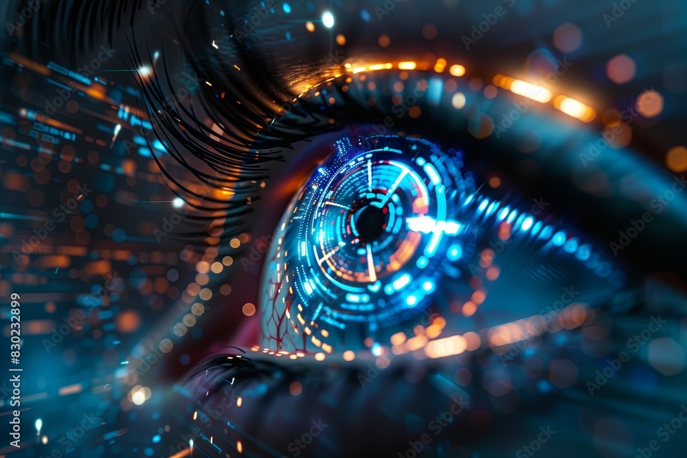 Poster Eye technology, futuristic secure concept. Digital computer blue scan vision, iris future abstract information. Cyberspace protection interface, science human access