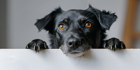 Patterdale Terrier A black dog with its paw on a white wall