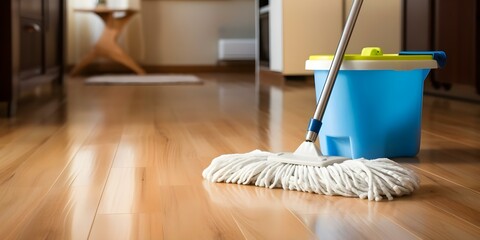 Cleaning floors with a mop and bucket of water during house cleaning. Concept House Cleaning, Mop and Bucket, Floor Cleaning, Housekeeping, Household Chores