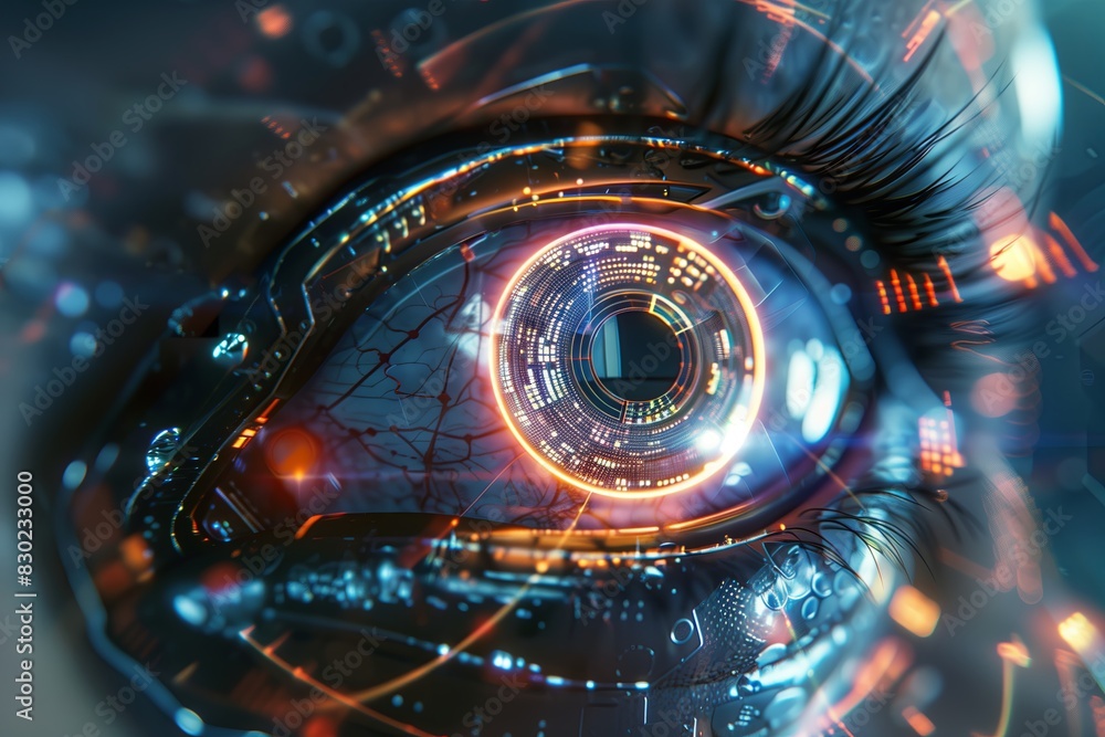 Aufkleber Eye technology, futuristic digital vision concept. Future blue secure data human interface access tech. Biometric closeup scan identification computer system. Cyberspace