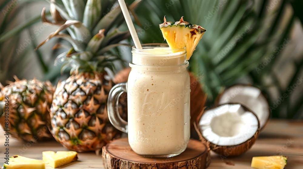 Poster Refreshing tropical smoothie in a jar with pineapple and coconut. Ideal for summer themes or healthy living concepts. AI