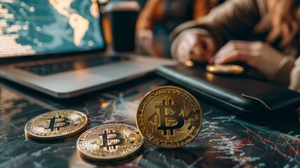 The image shows three physical bitcoins on the table with blurred background of a person using laptop.