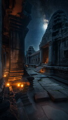 At night at Angkor Wat Cambodia the soft light of _012