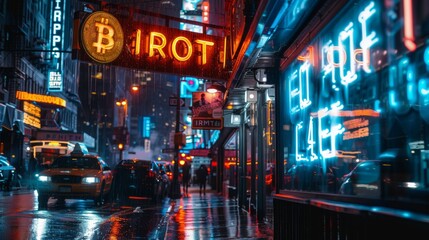 The picture shows a street with a lot of neon signs, mostly blue and red. There are also people walking on the street. The street is wet from the rain.