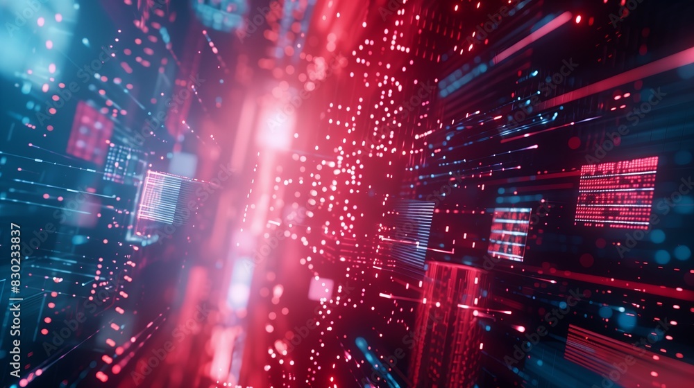 Poster Abstract technology, digital futuristic blue background network. Internet science light communication concept data line blur connection. Space information glowing cyberspace