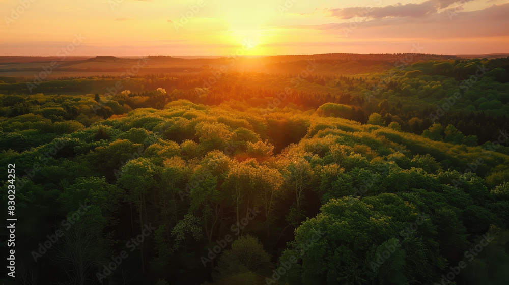 Poster a beautiful sunset over a forest with trees in the foreground and background