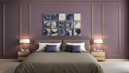 Premium mauve pink, lilac, and blue bedroom in a hotel or home with a big bed, dark navy bedding, empty background for art or wallpaper, painted wall, and decorative mirrors, 3D render

