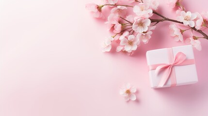 Delicate Gift Box with Pink Ribbon Surrounded by Cherry Blossoms on a Soft Pink Background