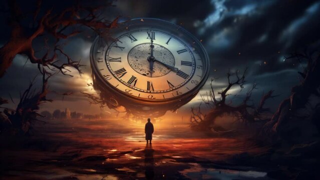 Fantasy image of a person looking at the clock. Concept of time slipping away. Losing hope