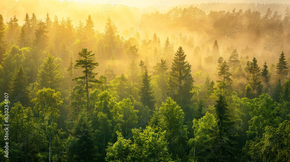 Poster a forest with trees in the foreground and background