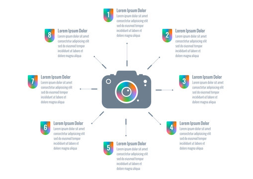 eight steps camera infographic template. Infographic template for business, industry, education, technology, science. Infographic template for annual report, book, magazine