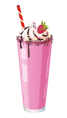 Sweet milkshake cocktail with whipped cream, raspberry and chocolate. Realistic cocktail, smoothie with raspberries