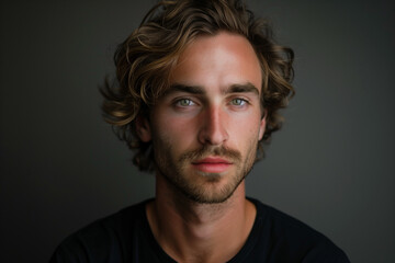 Obraz premium Attractive Man with Light Brown Wavy Hair: Studio Headshot of Male Model in Black T-Shirt