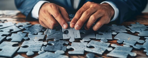Businessman assembling puzzle pieces on a table. Close-up view of hands arranging puzzle.