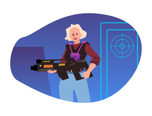 Young woman with a laser pistol in her hand. Insulated sticker.