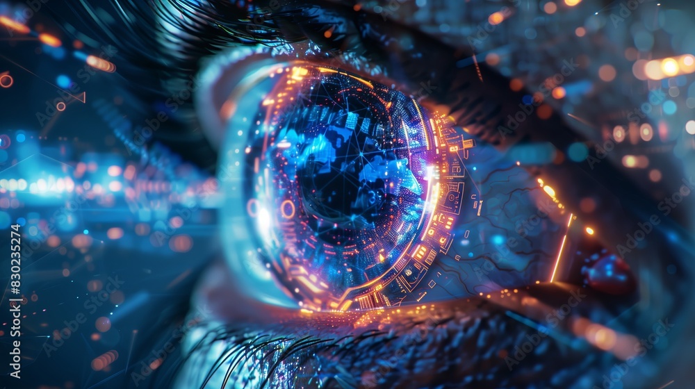 Poster futuristic technology concept with secure eye scan. iris vision of human woman, access blue identifi
