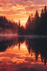 Serene Sunrise Over Reflective Lake Surrounded by Forest