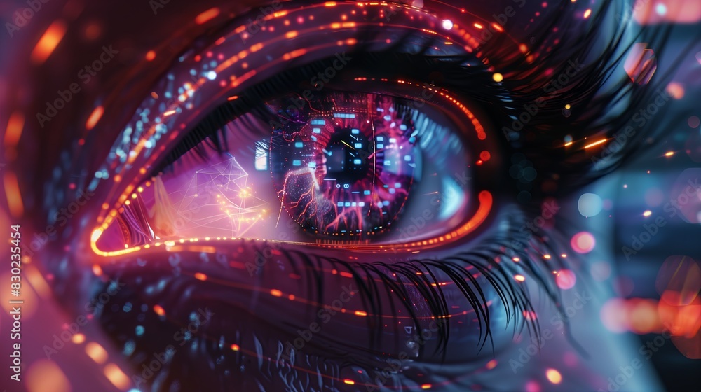 Poster futuristic technology concept with digital eye. science abstract cyberspace data, computer vision ba