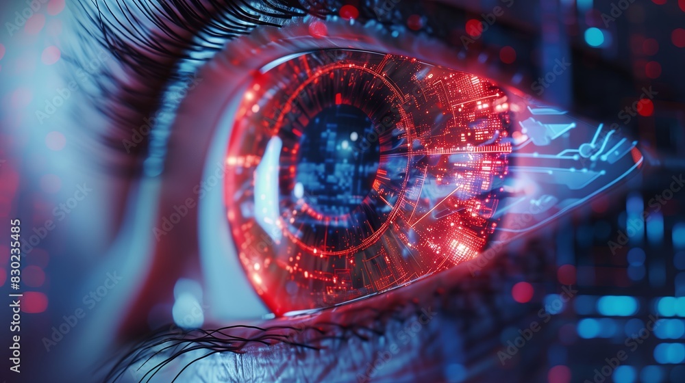 Poster Futuristic technology with eye scan access. Digital future closeup, secure identification data. Computer iris vision interface concept. Blue biometric display human identity,