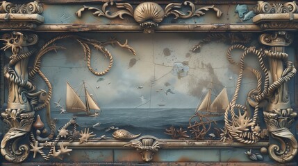 A nautical entablature, adorned with marine motifs and ropes, kissed by morning mist, blends art and nature.