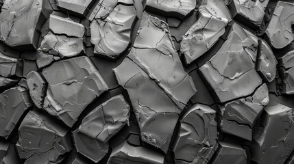 Fototapeta premium A monochrome image of a wall constructed from shattered gray and white paint fragments There's a fissure splitting the middle of the wall