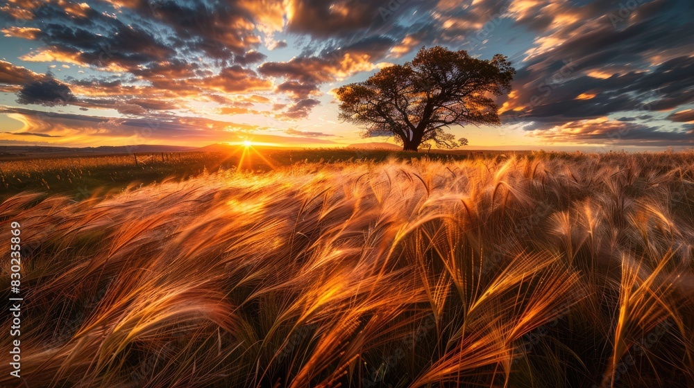 Poster sunset scenery features grass swaying in the wind under dramatic skies with an old tree in the backg