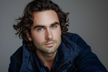 Fototapeta premium Dashing Man with Dark Brown Wavy Hair and Amber Eyes: Fashion Portrait in Navy Blue Jacket Against Light Gray Background