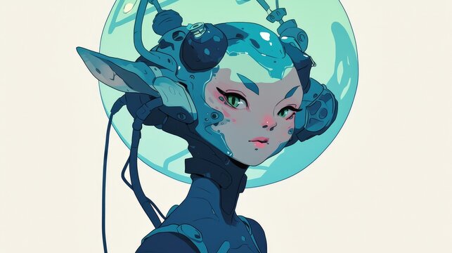 Inject some extraterrestrial flair into your creations with an alien girl straight out of space set against a pristine white backdrop in this dynamic cartoon illustration