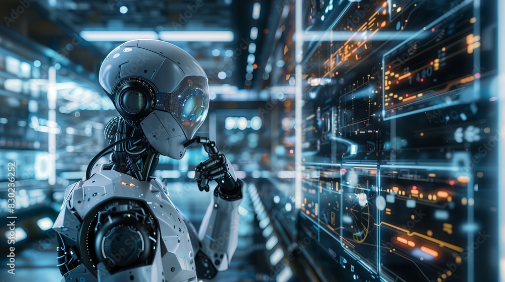 Poster Futuristic robot technology, digital cyborg. Cybernetic artificial intelligence computer AI, machine business hand system industrial science. Android future interface concept,
