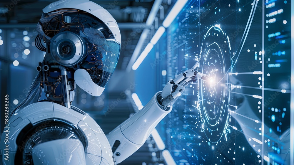 Poster futuristic technology cyborg robot, future artificial hand intelligence. science digital touching an