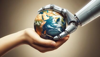 Close-Up of Human and Robot Hands Holding a Globe Together: Lifelike Skin Texture and Metallic Design