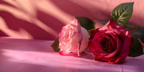  pink roses lying on a table with red lights shining on them a pink rose with green leaves on a pink background rose is placed on a pink surface and is slightly to the right of the center of the frame