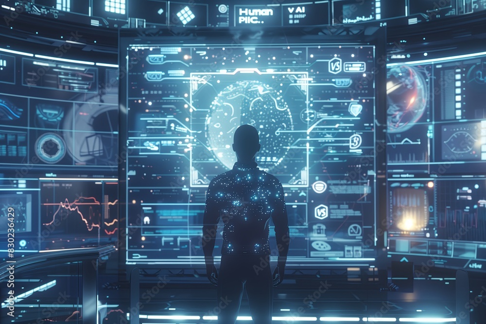 Aufkleber Futuristic technology with digital screen interface. Data computer concept, background future person. Tech blue connection science, communication electronic business.
