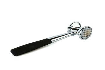 Metal hammer with black meat tenderizer handle on white background.