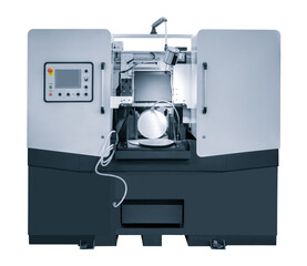 The automatic band saw machine cutting the metal bar with coolant method. The machine tool for industrial purpose. isolated on white background