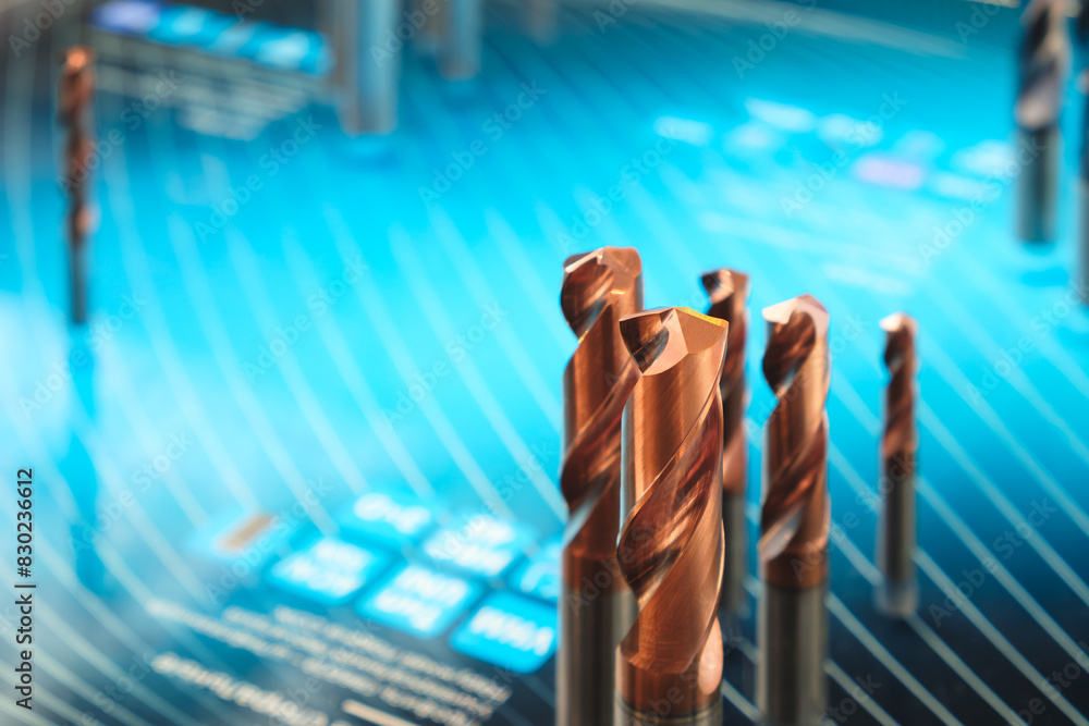 Fototapete A close up of a blue background with a group of metal drill bits on it. The drill bits are all different sizes and shapes, with some being larger and others smaller