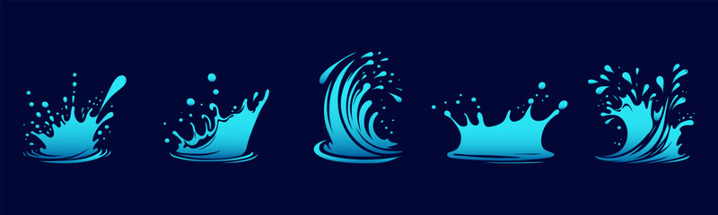 Set of water wave splashes, falling aqua drops, sea or ocean waves. Blue water motion effects shape isolated on background, vector cartoon set