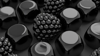  A group of closely situated black-and-white objects against a uniform black-and-white background, featuring a central white circle