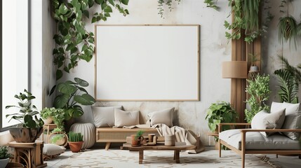 Art wall interior mockup in modern room, blank empty background with frame, picture artwork painting, design in white floor, home poster on canvas, furniture wooden template