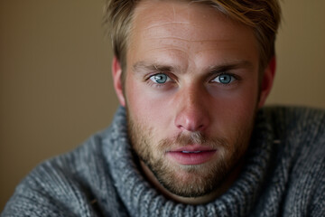 Obraz premium Stylish Man in Sweater: Sandy Blonde Hair, Blue-Green Eyes, Short Length, Light Brown Background