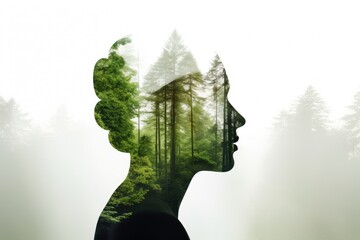Double exposure portrait blending a human profile with a forest, symbolizing connection with nature. Human Mindfulness and Nature Connection