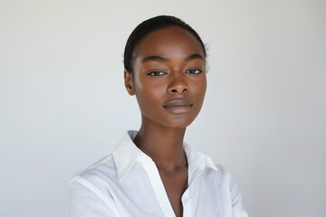 Portrait of a confident young woman with natural makeup wearing a white shirt.