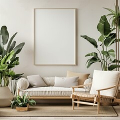Art wall interior mockup in modern room, blank empty background with frame, picture artwork painting, floor home furniture, style template design, poster for sofa, decorative