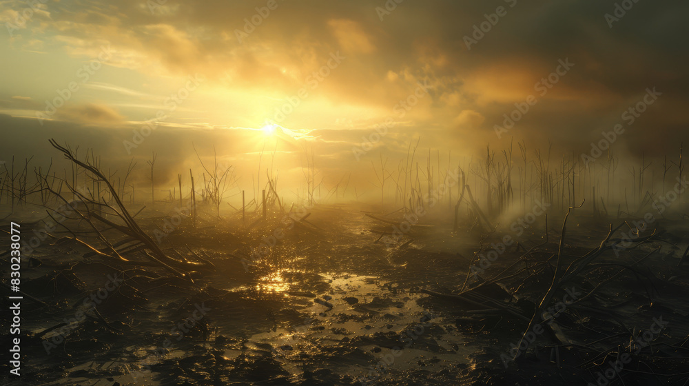 Poster a desolate landscape with a sun setting in the background