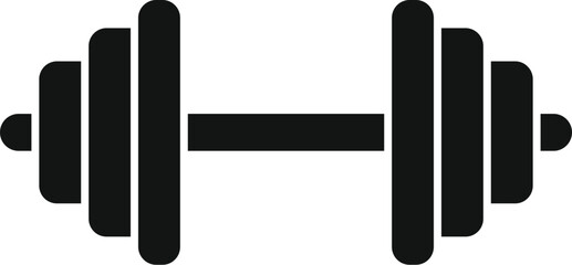 Simple black silhouette dumbbell icon with minimalist flat design for fitness, gym, exercise, weightlifting, and strength training, isolated on white background